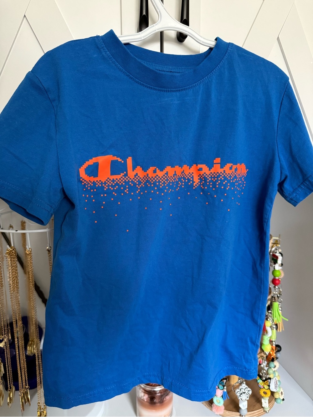 Champion Bright Blue Tee with Orange Pixel Logo